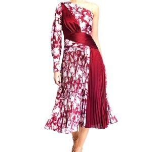 Three Floor Burgundy Asymmetrical Shoulder Sash Floral Maxi Dress Gown XS